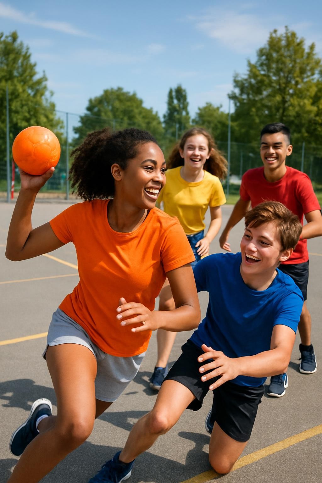 Et passende, energisk bilde som viser ungdommer som spiller gatehåndball utendørs, med glade farger og bevegelse. Bildet bør gi et inkluderende og sporty inntrykk.