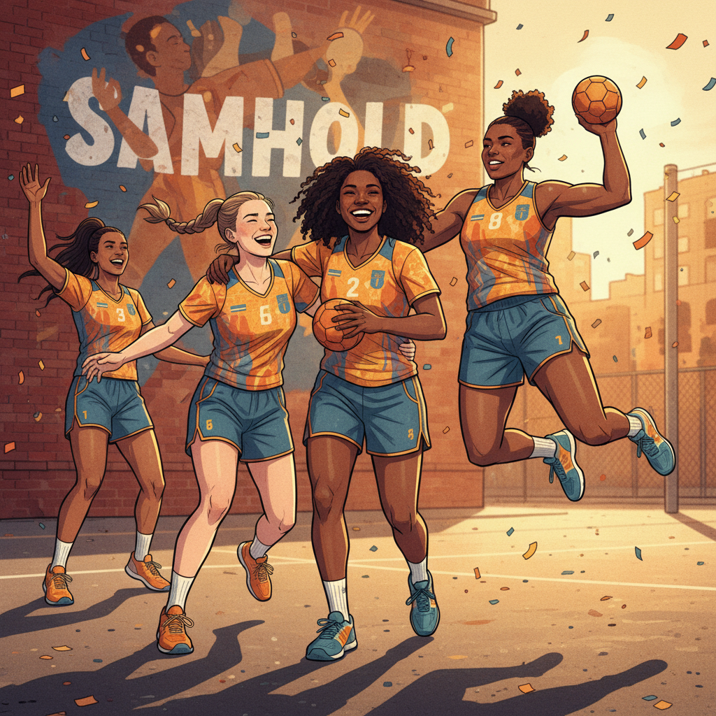 Portrettorientert illustrasjon av gatehåndball, fokus på samhold og idrettsglede blant kvinner