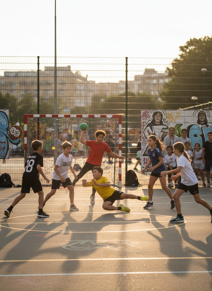 Et actionfylt bilde av unge spillere som spiller gatehåndball på en utendørs bane, solrikt, energisk og inkluderende atmosfære.